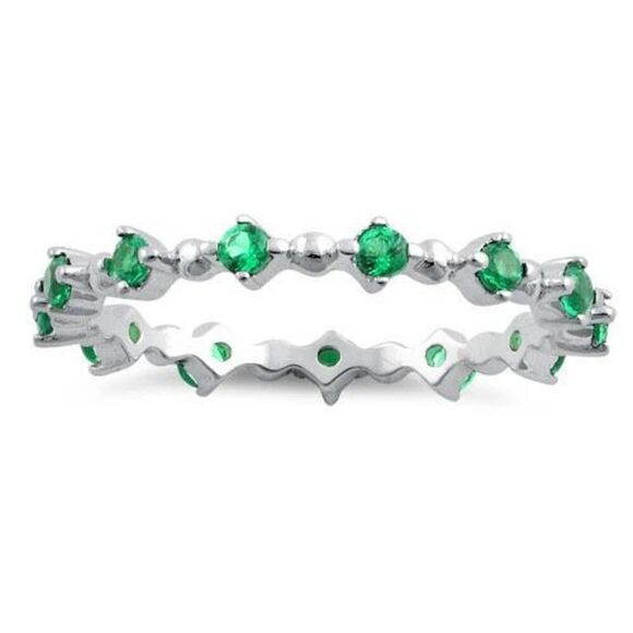 Sterling Silver Eternity Thin Emerald Ring New - Picture 2 of 4